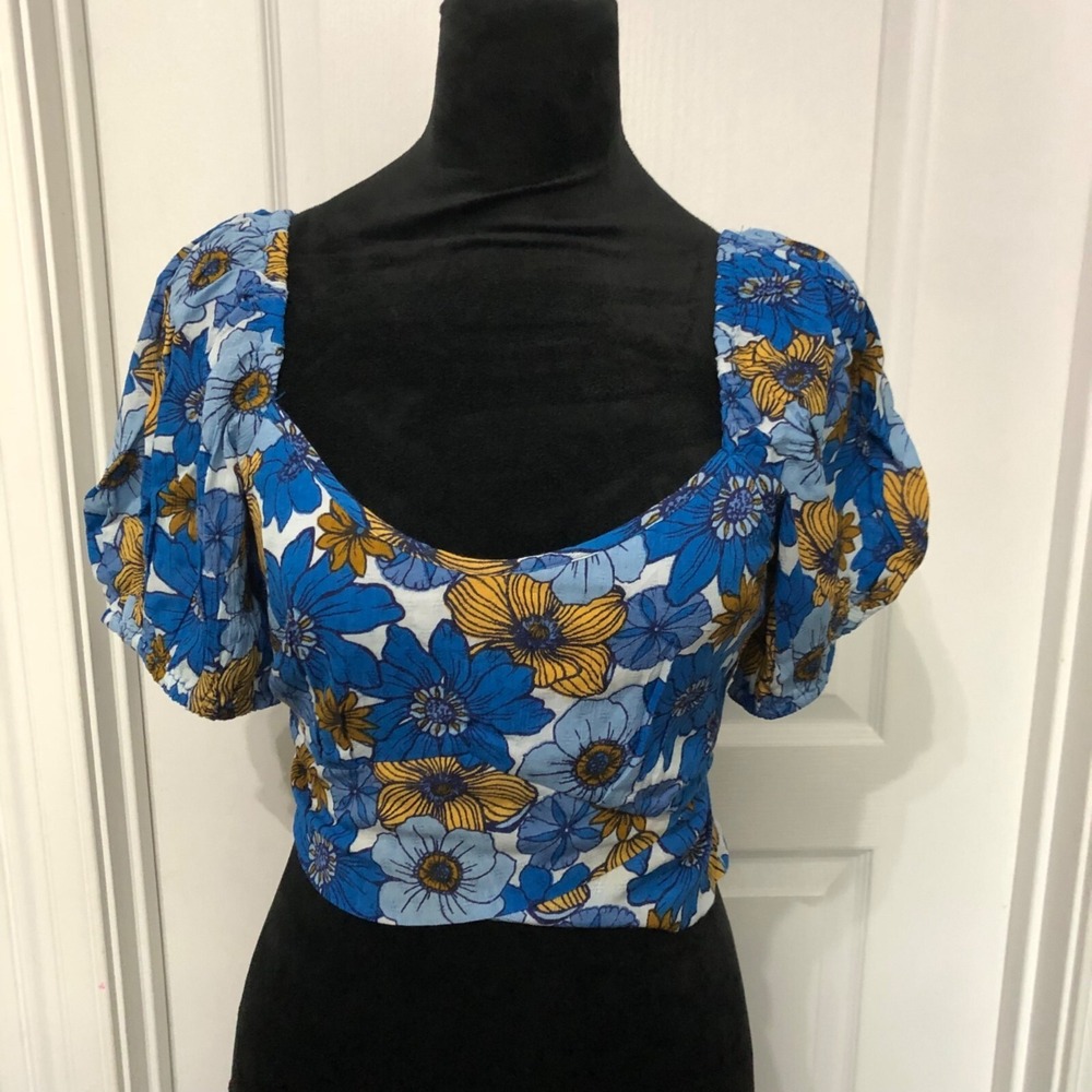 B.O.G Collective Floral Puff Sleeve Crop Top Blue Yellow WG926151 Womens M NWT